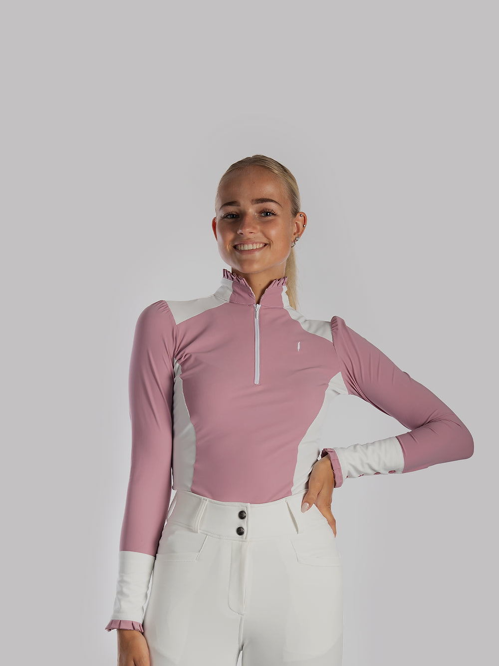 Ruffle Long Sleeve Zip top in Pink with White detail