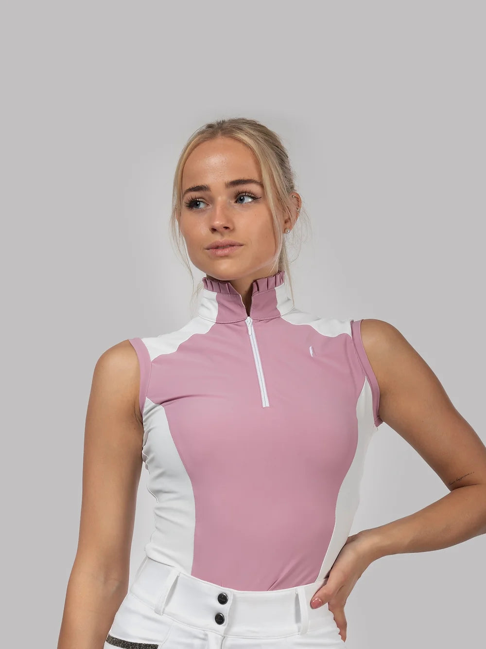 Ruffle Sleeveless zip top in pink with white detail