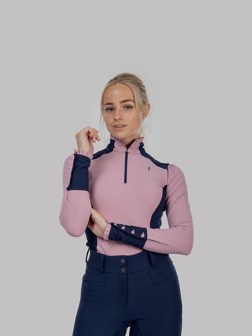 Ruffle Long Sleeve Zip top in Pink with Navy detail