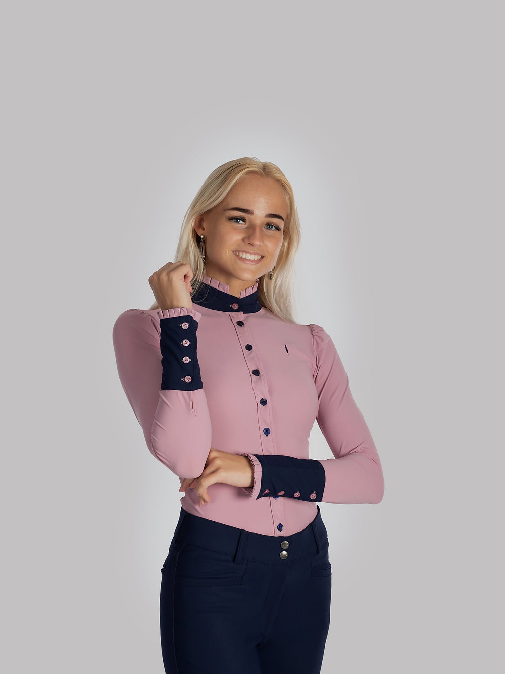 Ruffle Long Sleeve Button up top in Pink with Navy detail