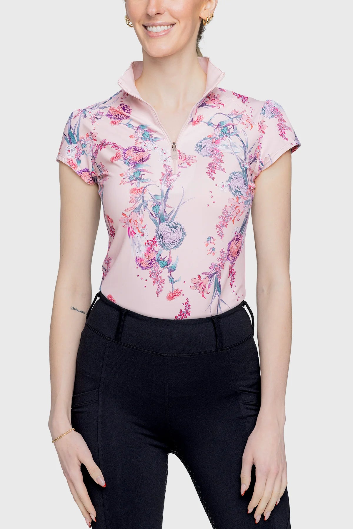 Pink Tea Garden 1/4 Zip short Sleeve Shirt w/Striped Trim