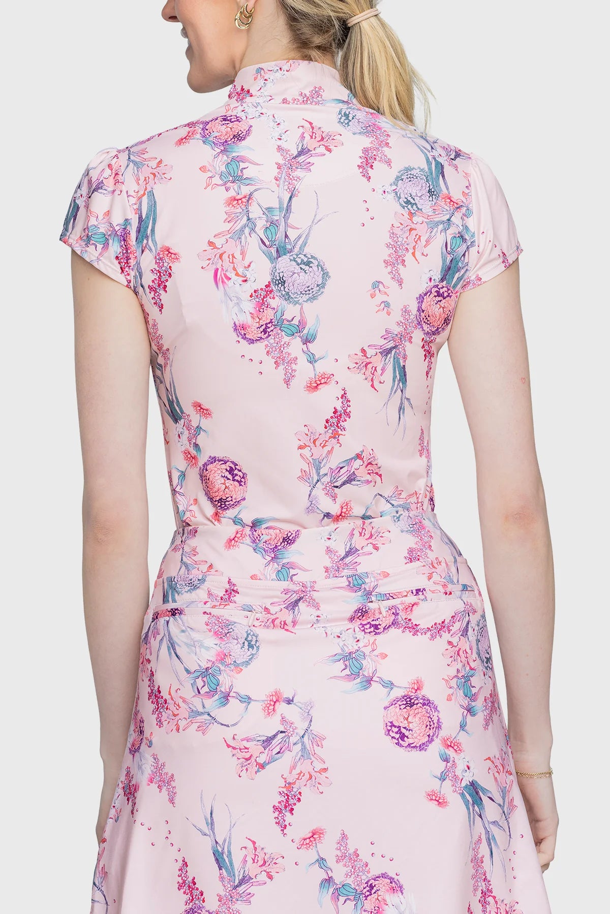 Pink Tea Garden 1/4 Zip short Sleeve Shirt w/Striped Trim