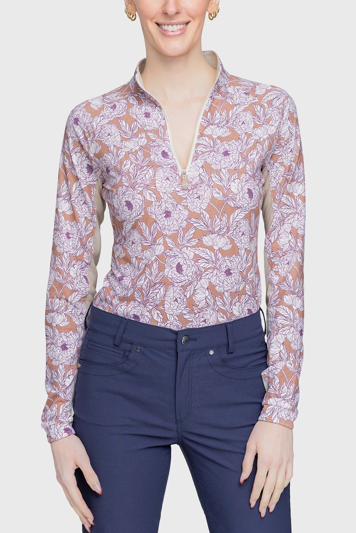 Tuscan Wild Rose 1/4 Zip Long Sleeve Shirt w/Striped Trim
