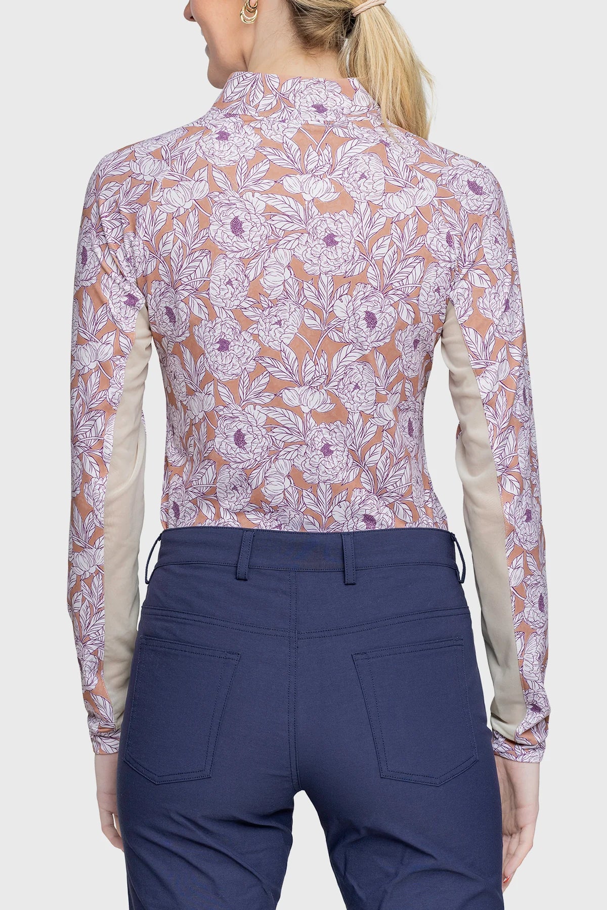 Tuscan Wild Rose 1/4 Zip Long Sleeve Shirt w/Striped Trim