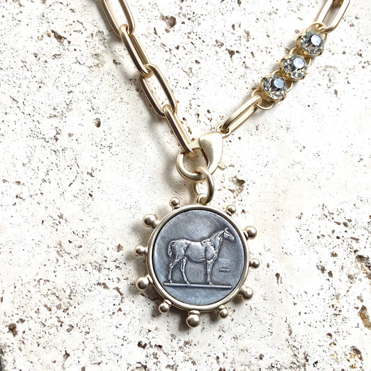 French Silver Horse Coin Necklace