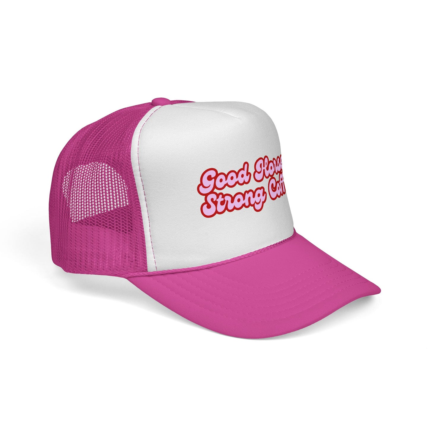 Trucker Hat — "Good Horses Strong Coffee" Retro Script Cap