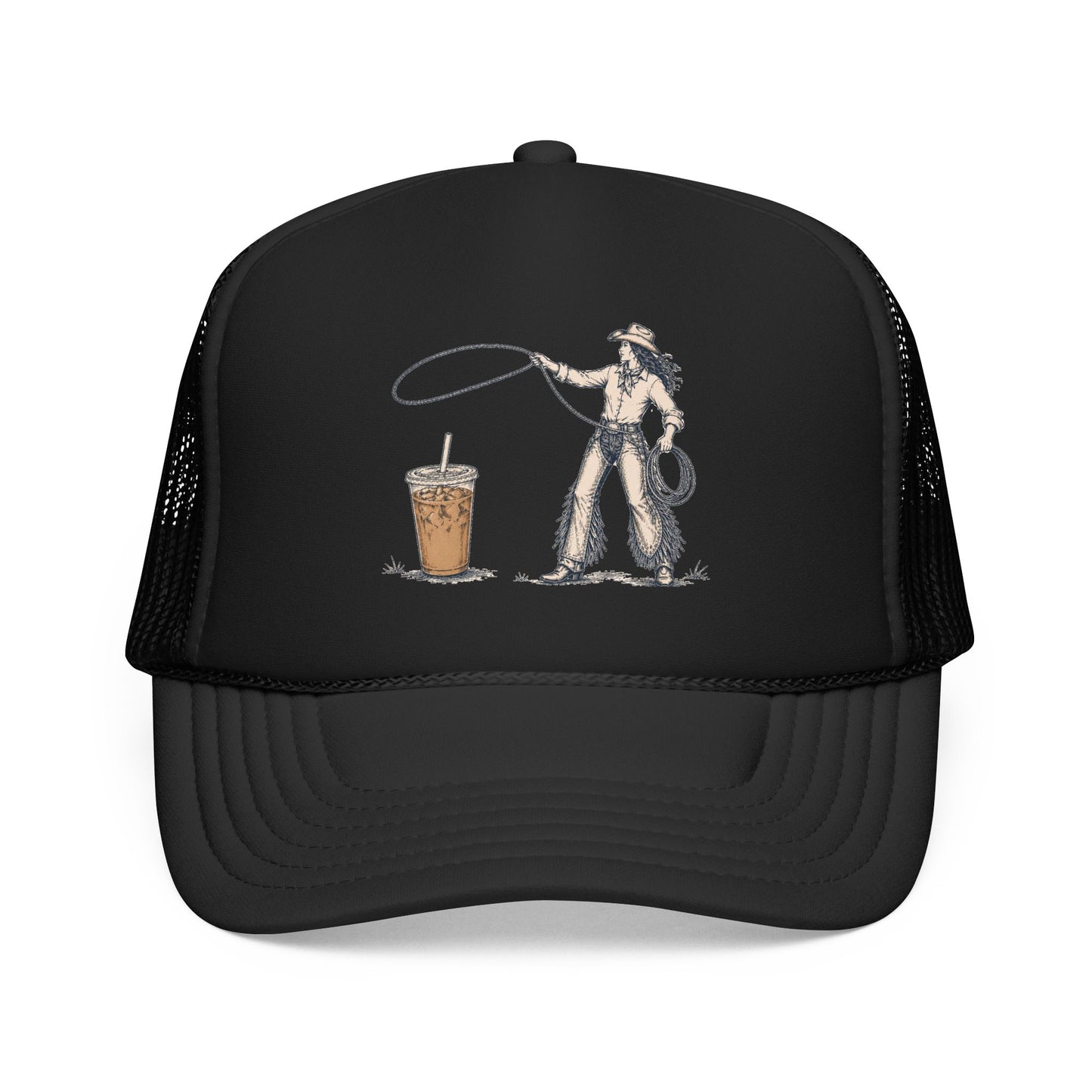 Cyclist Ring Toss Foam Trucker Hat — Funny Bike Skill Graphic Cap