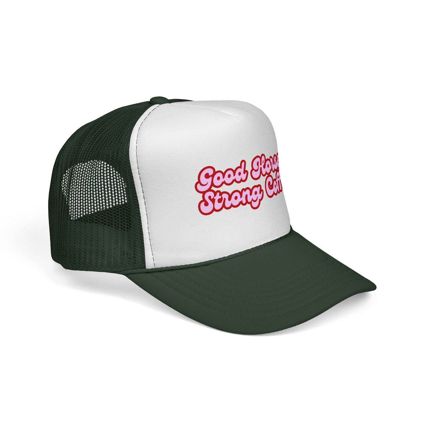 Trucker Hat — "Good Horses Strong Coffee" Retro Script Cap