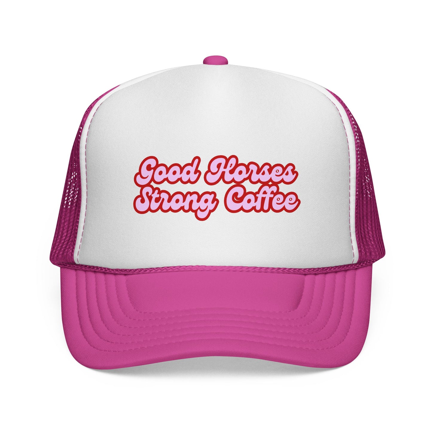 Trucker Hat — "Good Horses Strong Coffee" Retro Script Cap