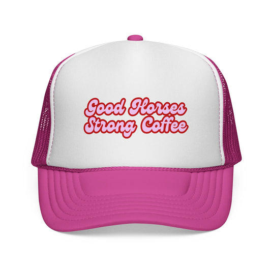 Trucker Hat — "Good Horses Strong Coffee" Retro Script Cap