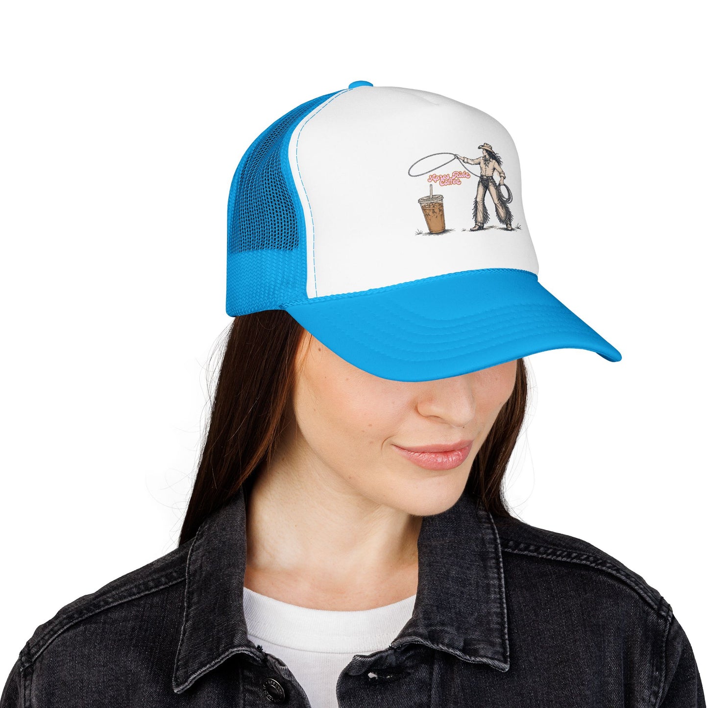Cyclist Ring Toss Foam Trucker Hat — Funny Bike Skill Graphic Cap