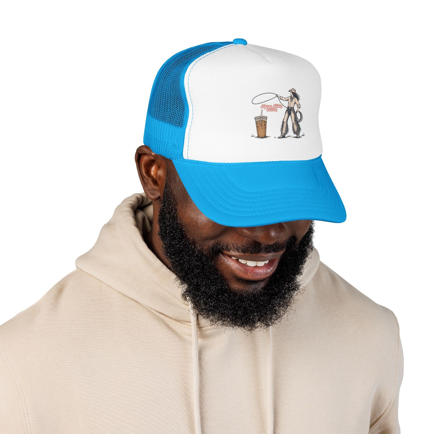 Cyclist Ring Toss Foam Trucker Hat — Funny Bike Skill Graphic Cap