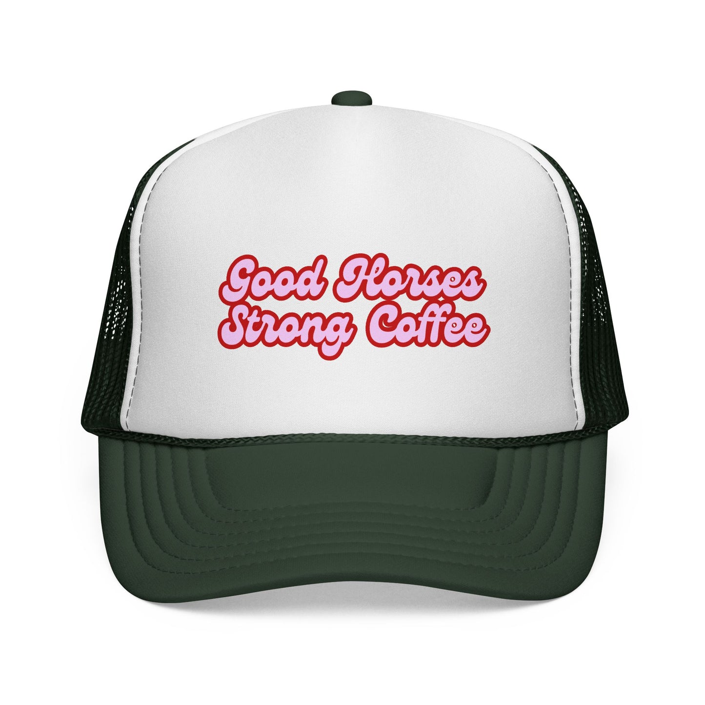 Trucker Hat — "Good Horses Strong Coffee" Retro Script Cap