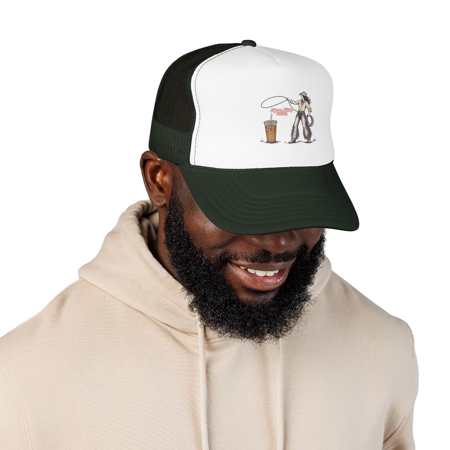 Cyclist Ring Toss Foam Trucker Hat — Funny Bike Skill Graphic Cap