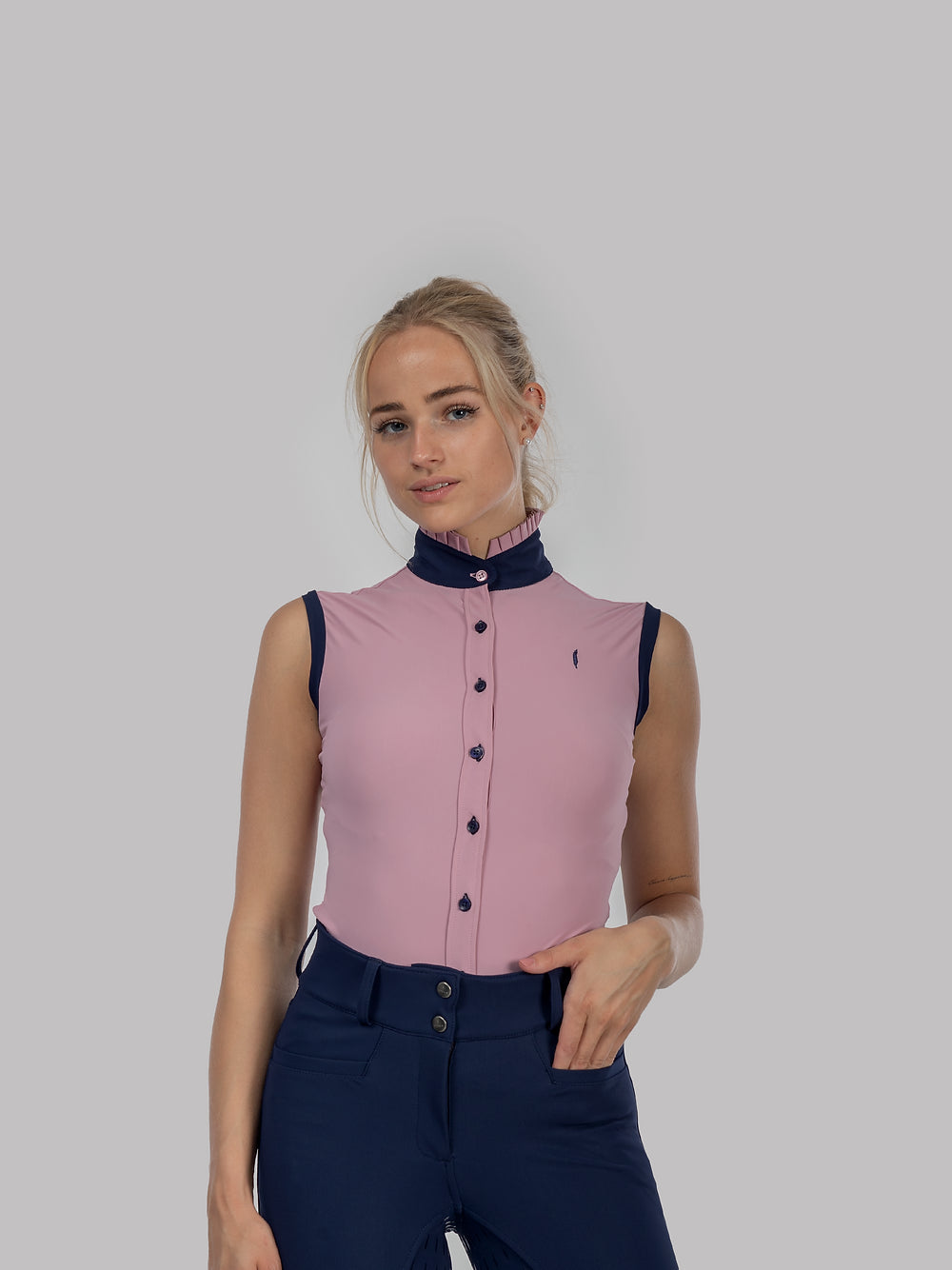 Ruffle Top Sleeveless button up in Pink with Navy details