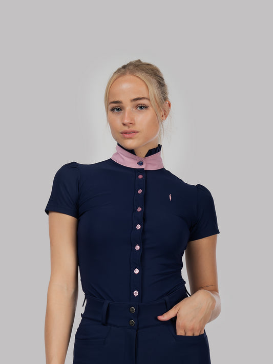 Ruffle Top Short Sleeve button up in Navy with pink details