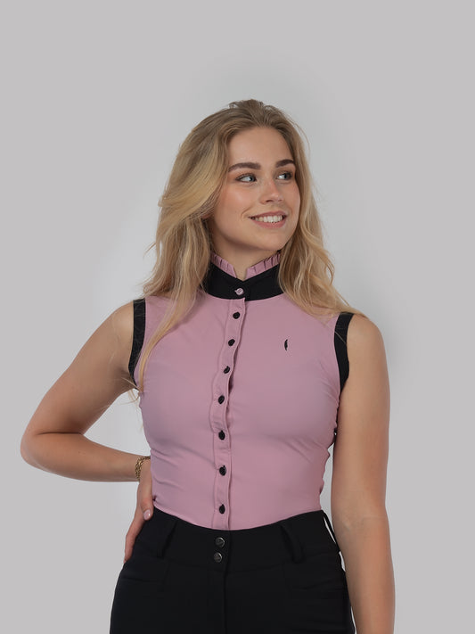 Ruffle Top Sleeveless button up in Pink with black details