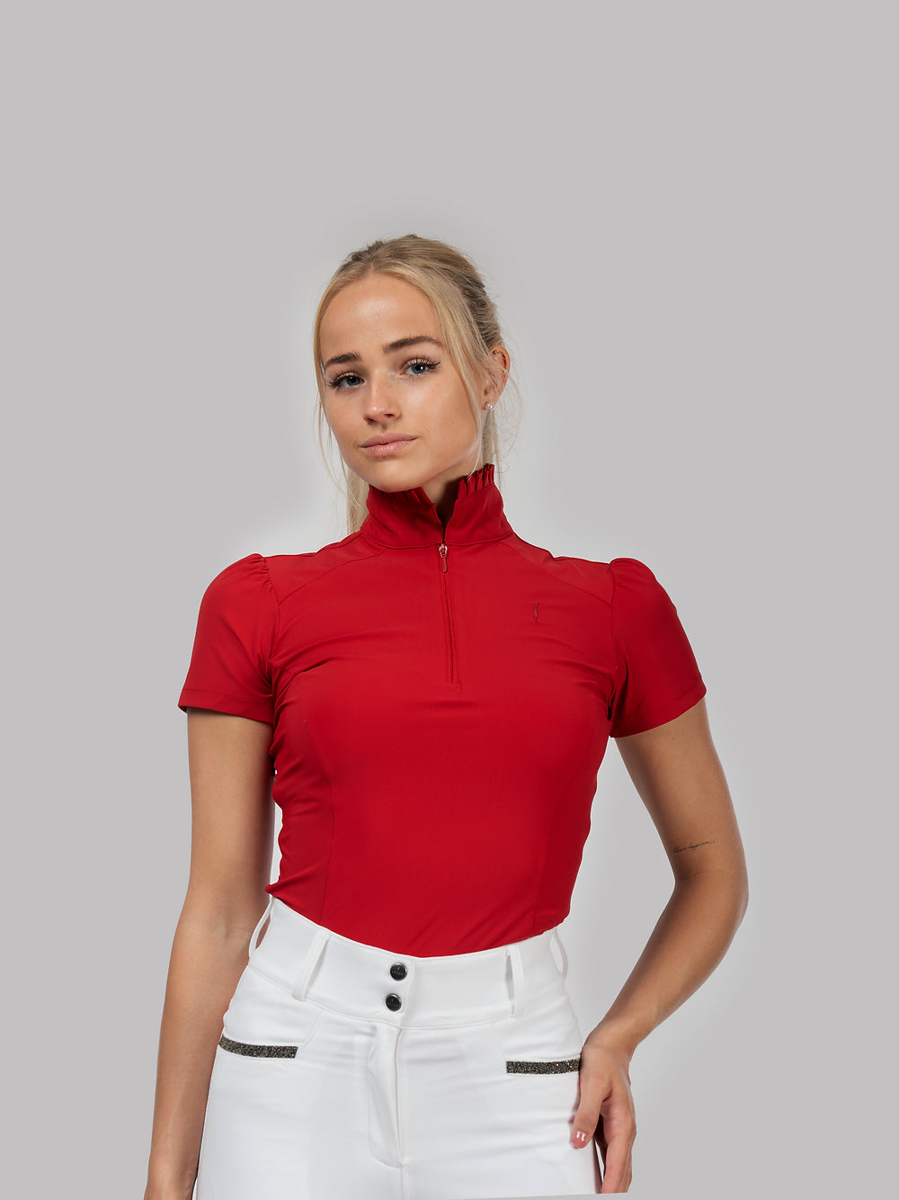 Ruffle Top Short Sleeve zip in Red