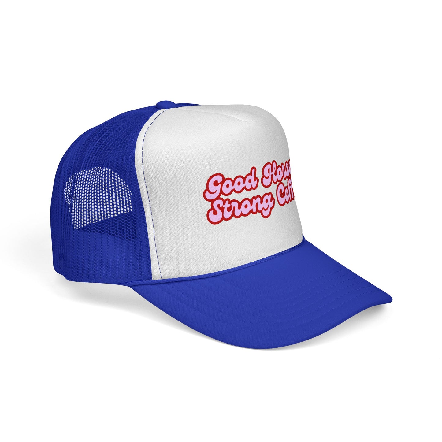 Trucker Hat — "Good Horses Strong Coffee" Retro Script Cap