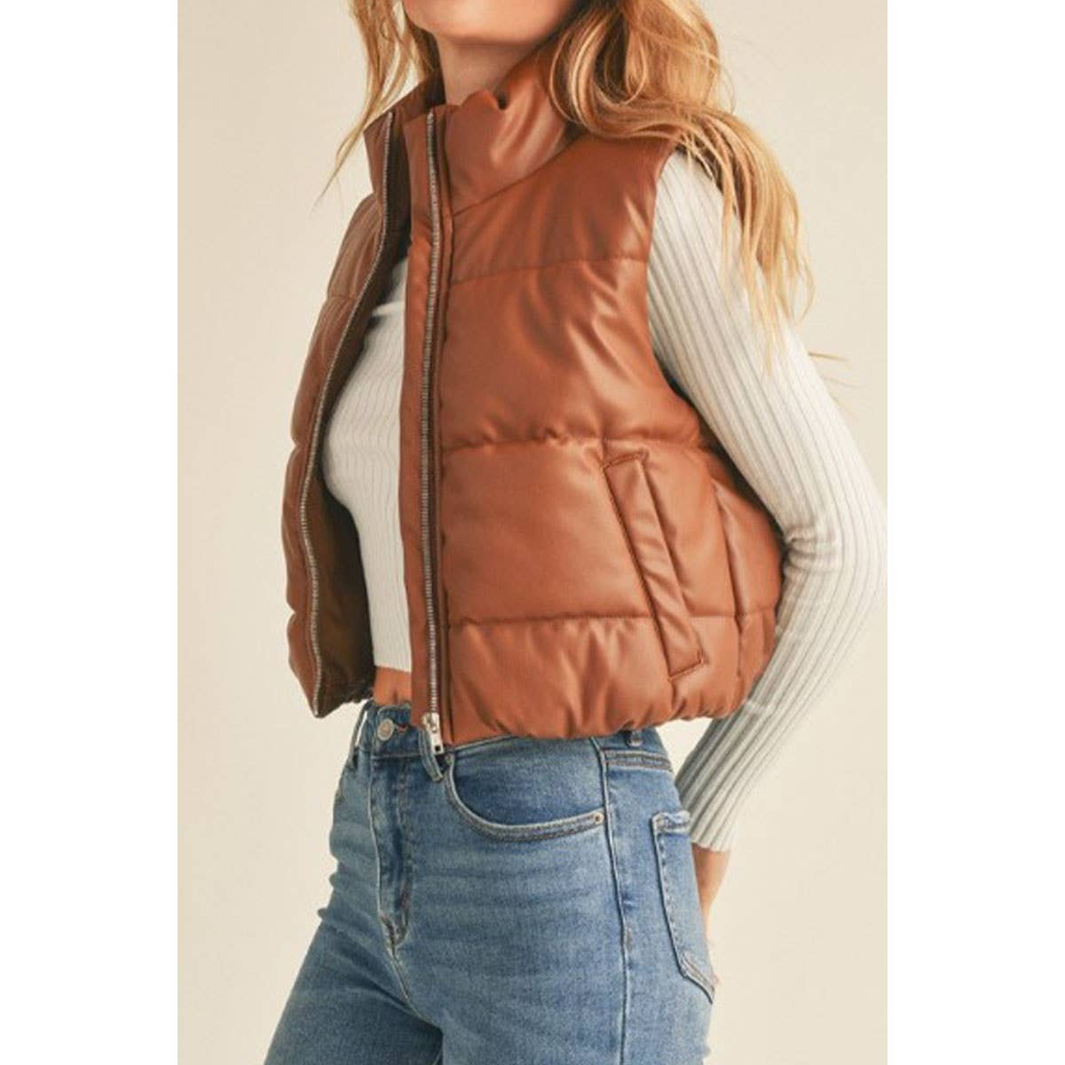 faux leather puffer vest