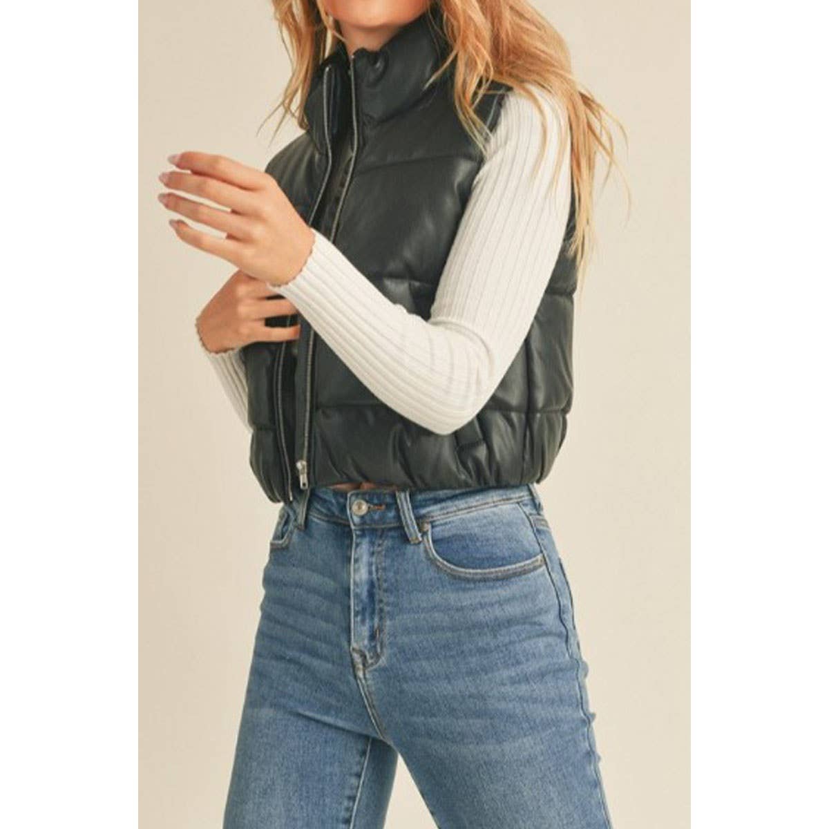 faux leather puffer vest