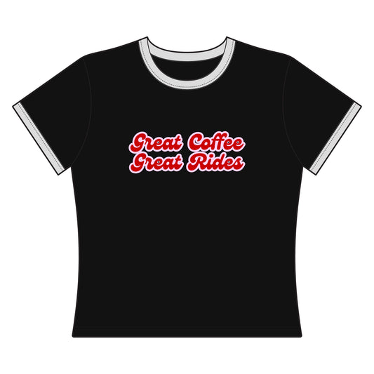 Women's Ringer Tee - 'Great Coffee Great Rides' Retro Cowgirl Graphic
