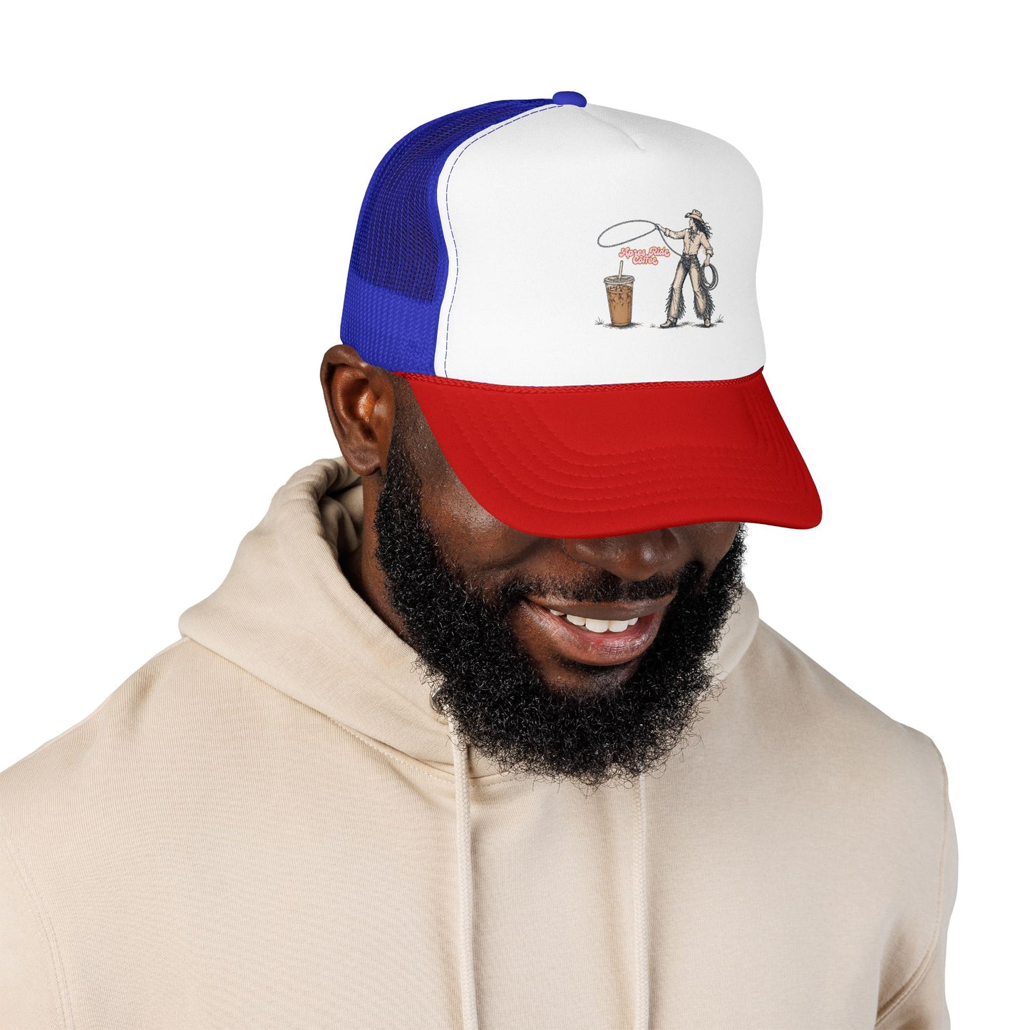 Cyclist Ring Toss Foam Trucker Hat — Funny Bike Skill Graphic Cap