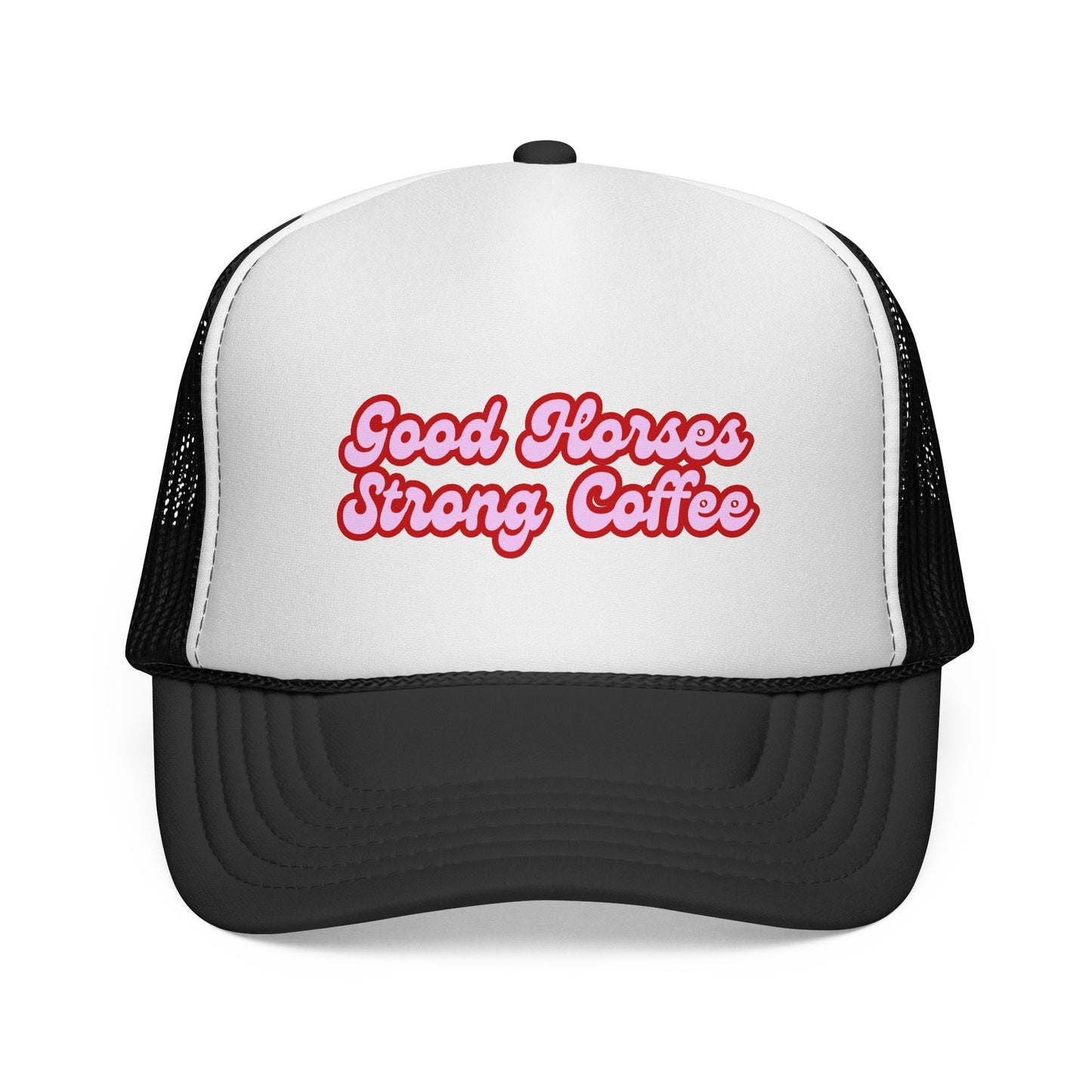 Trucker Hat — "Good Horses Strong Coffee" Retro Script Cap