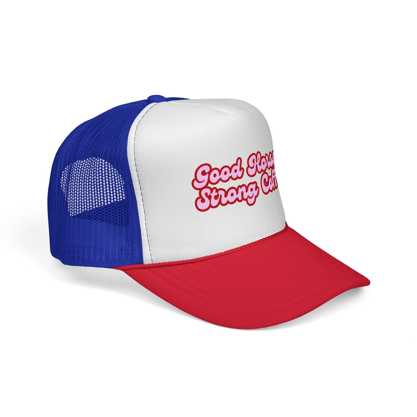 Trucker Hat — "Good Horses Strong Coffee" Retro Script Cap