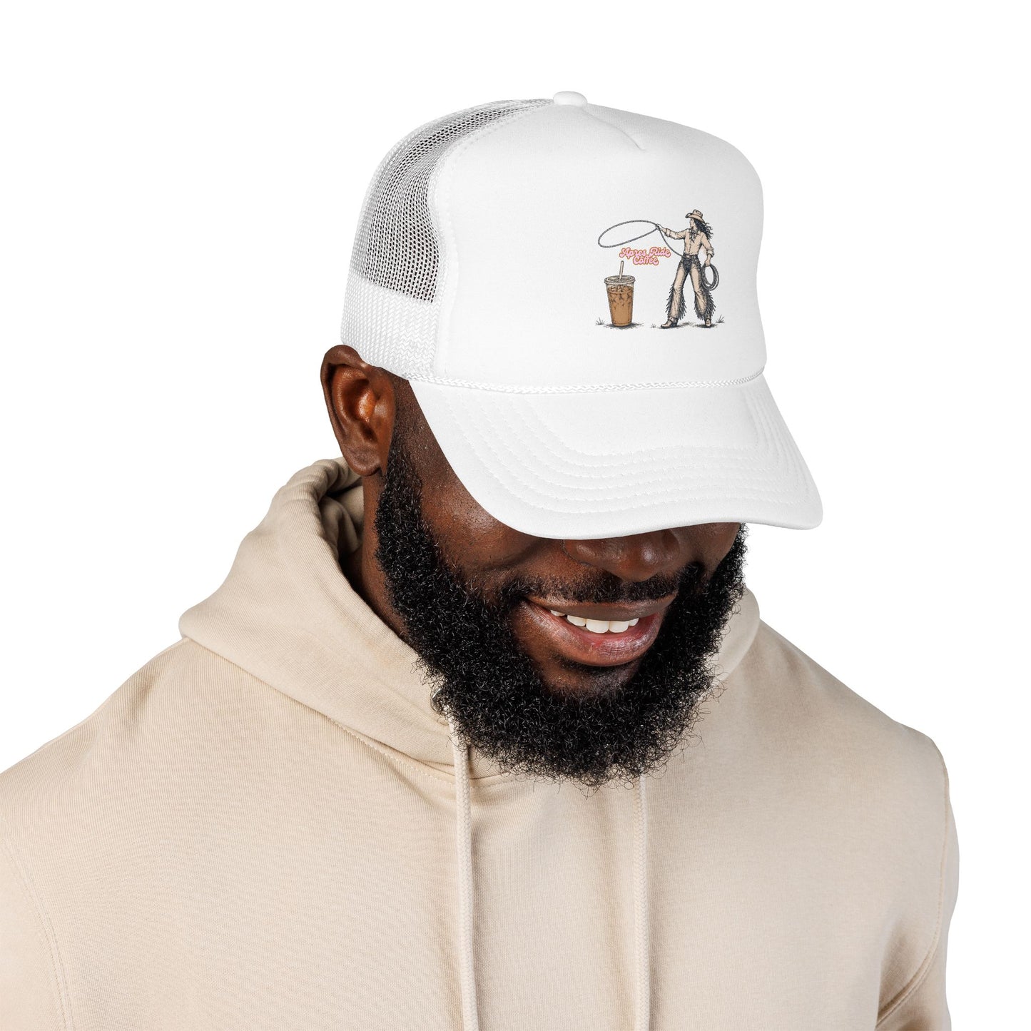Cyclist Ring Toss Foam Trucker Hat — Funny Bike Skill Graphic Cap