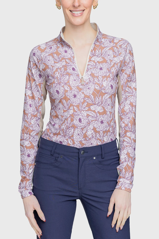 Tuscan Wild Rose 1/4 Zip Long Sleeve Shirt w/Striped Trim