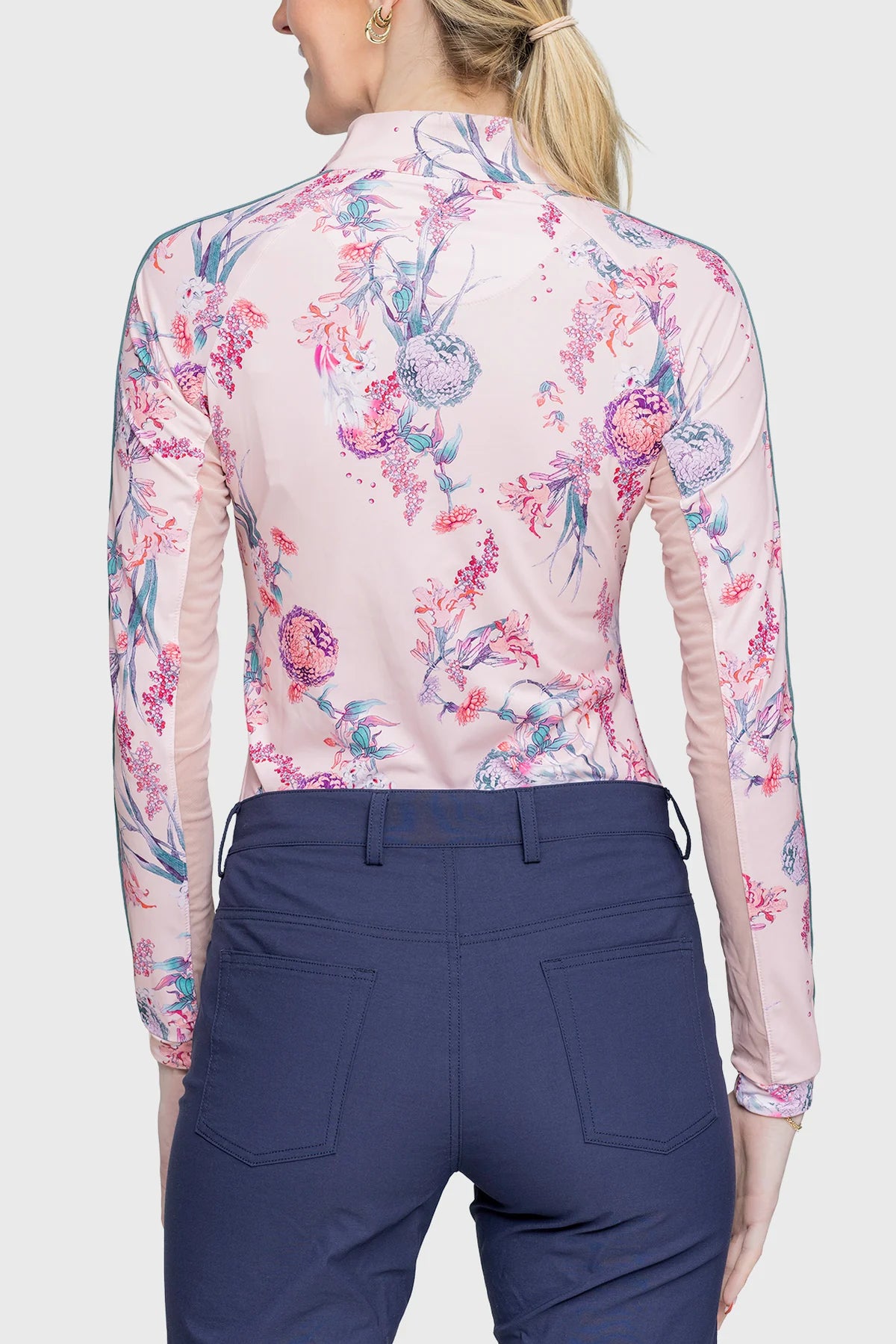 Pink Tea Garden 1/4 Zip Long Sleeve Shirt w/Striped Trim