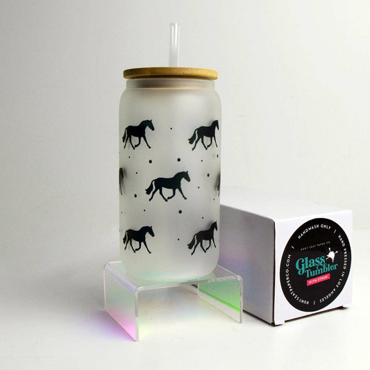 Trotting Horse Glass Tumbler with Bamboo Lid and Straw