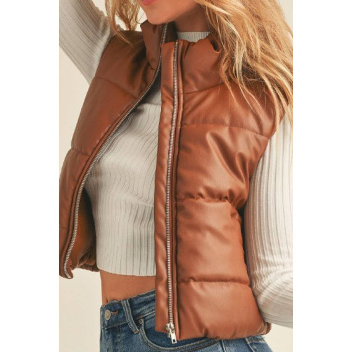 faux leather puffer vest