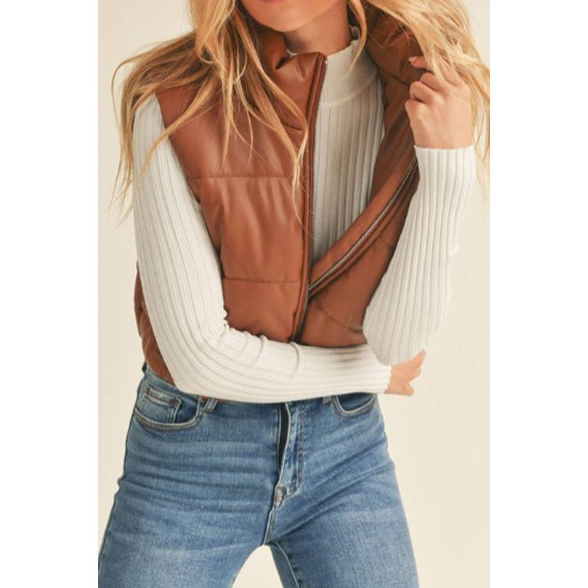 faux leather puffer vest